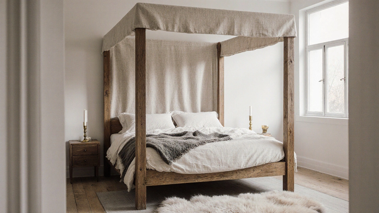 A modern bedroom featuring reclaimed oak frame, linen canopy and natural‑fiber bedding.