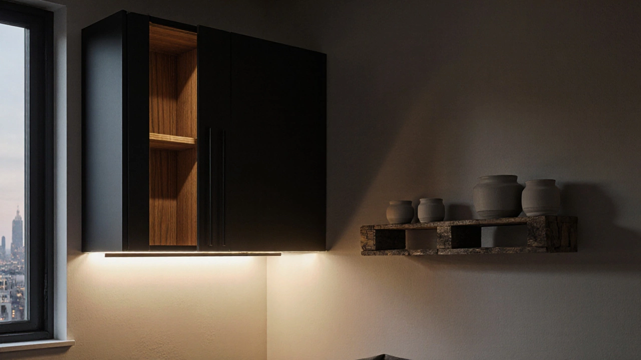 Apartment corner with floating cabinet, LED lighting and a narrow reclaimed wood shelf.