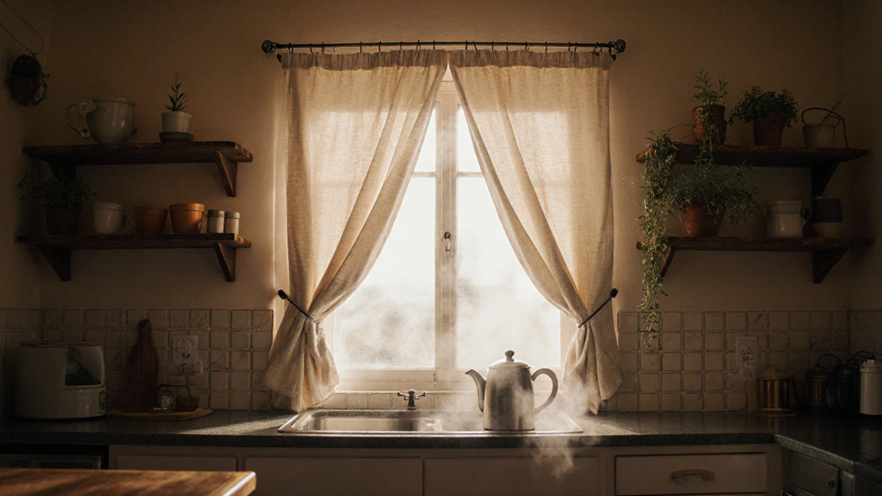 Café curtains ending just below the windowsill in a cozy kitchen with steam rising from a teapot.