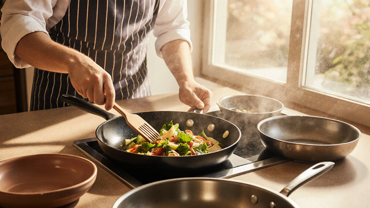 Chef cooking with a PFOA‑free Teflon pan beside ceramic and steel pans.