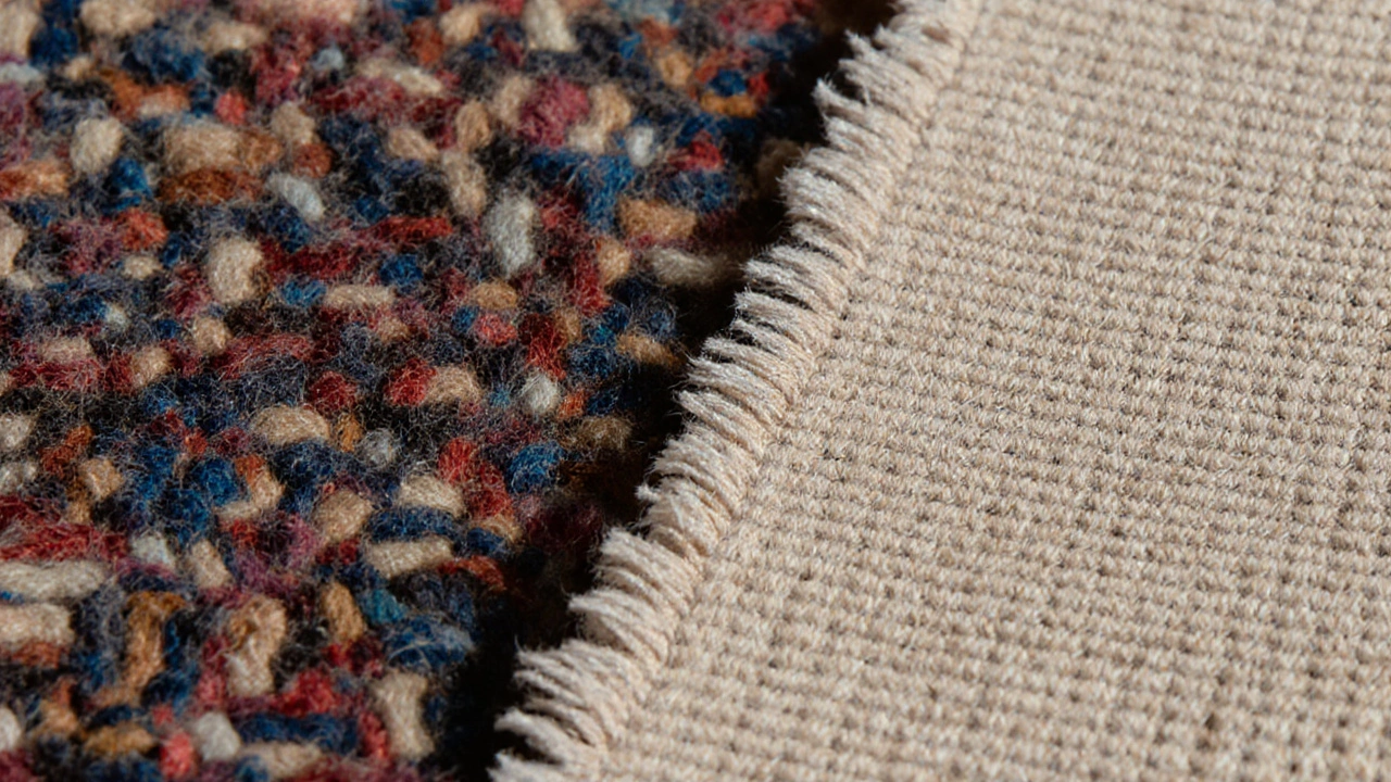 Close‑up of dense hand‑knotted rug fibers contrasted with smooth machine‑woven loops.