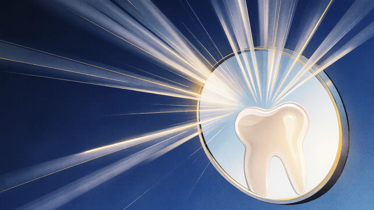 Concave mirror magnifying a tooth with light rays following reflection laws at curved surface points.