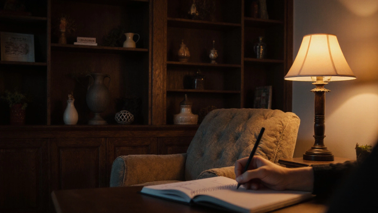 Cozy study with built‑in wooden shelving and warm lighting at dusk.