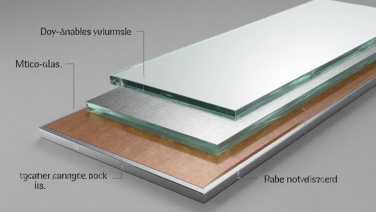 Cross‑section illustration of a mirror’s glass, silvering, backing and beveled edges.
