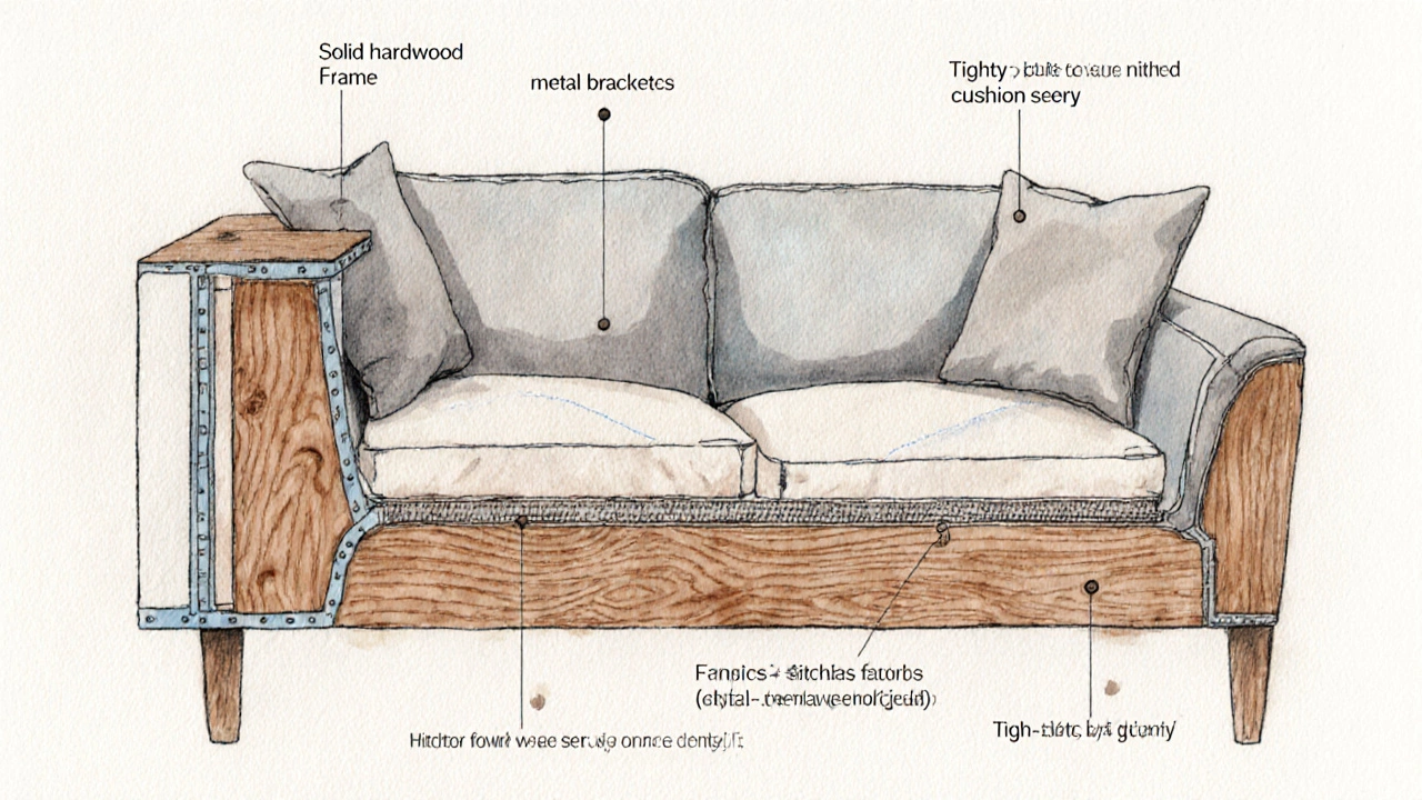 Cross‑section illustration revealing a sofa&#039;s wooden frame, metal brackets, fabric upholstery, and cushion layers.