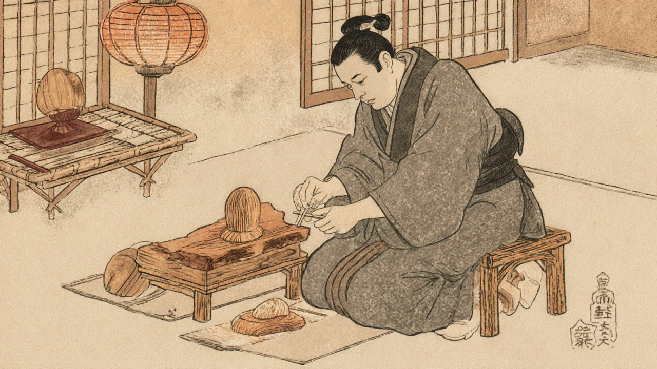 Edo‑period craftsman carving a wooden shamoji from cedar wood.