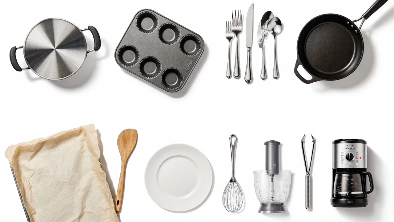 Flat‑lay showing six kitchenware categories: cookware, bakeware, cutlery, utensils, appliances, tableware.