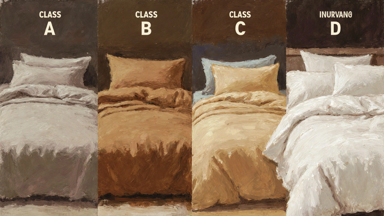 Four beds side by side showing progressive texture from thin to plush, highlighting Class D sheets.