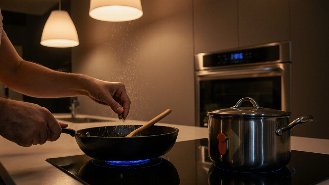 Hands seasoning a cast‑iron skillet, magnet on a saucepan, with a glowing smart oven in the background.