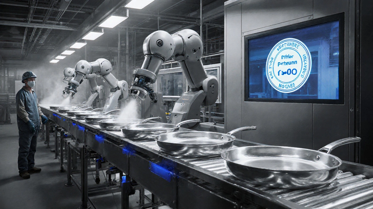 High‑tech factory floor producing PFOA‑free non‑stick pans on a conveyor.