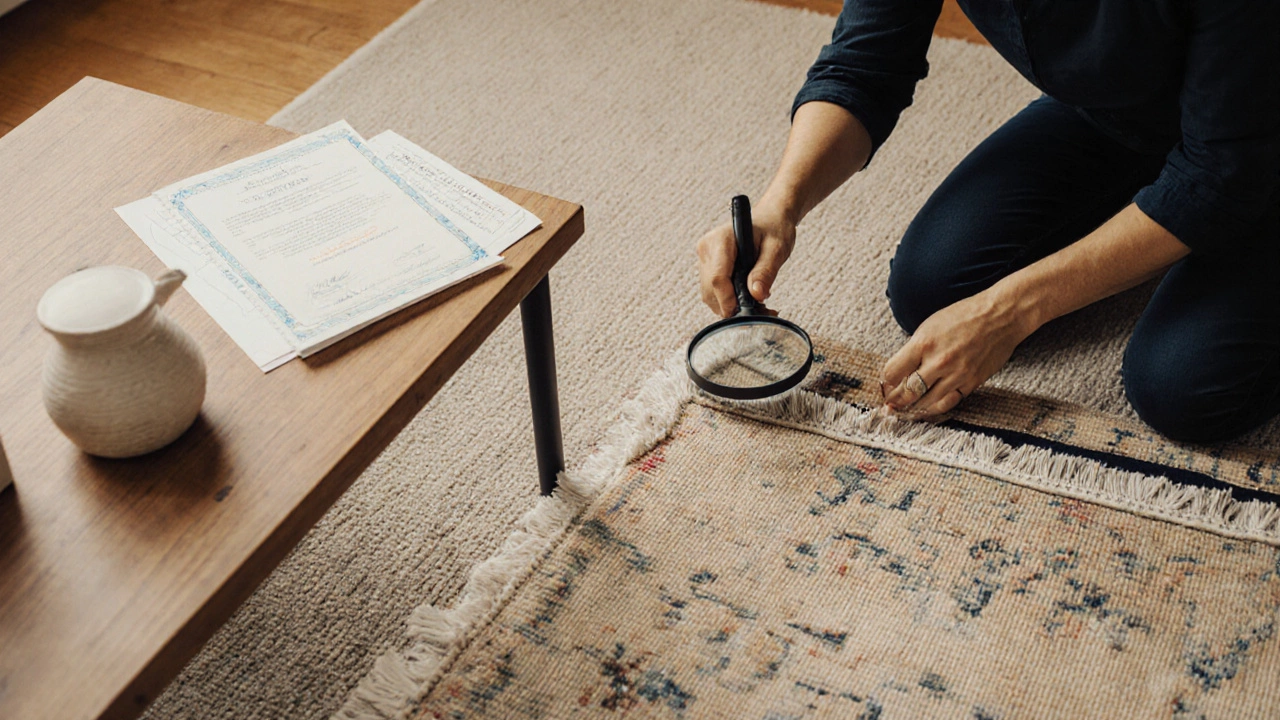 Homeowner inspecting the back of a hand‑knotted rug with tools and documents.