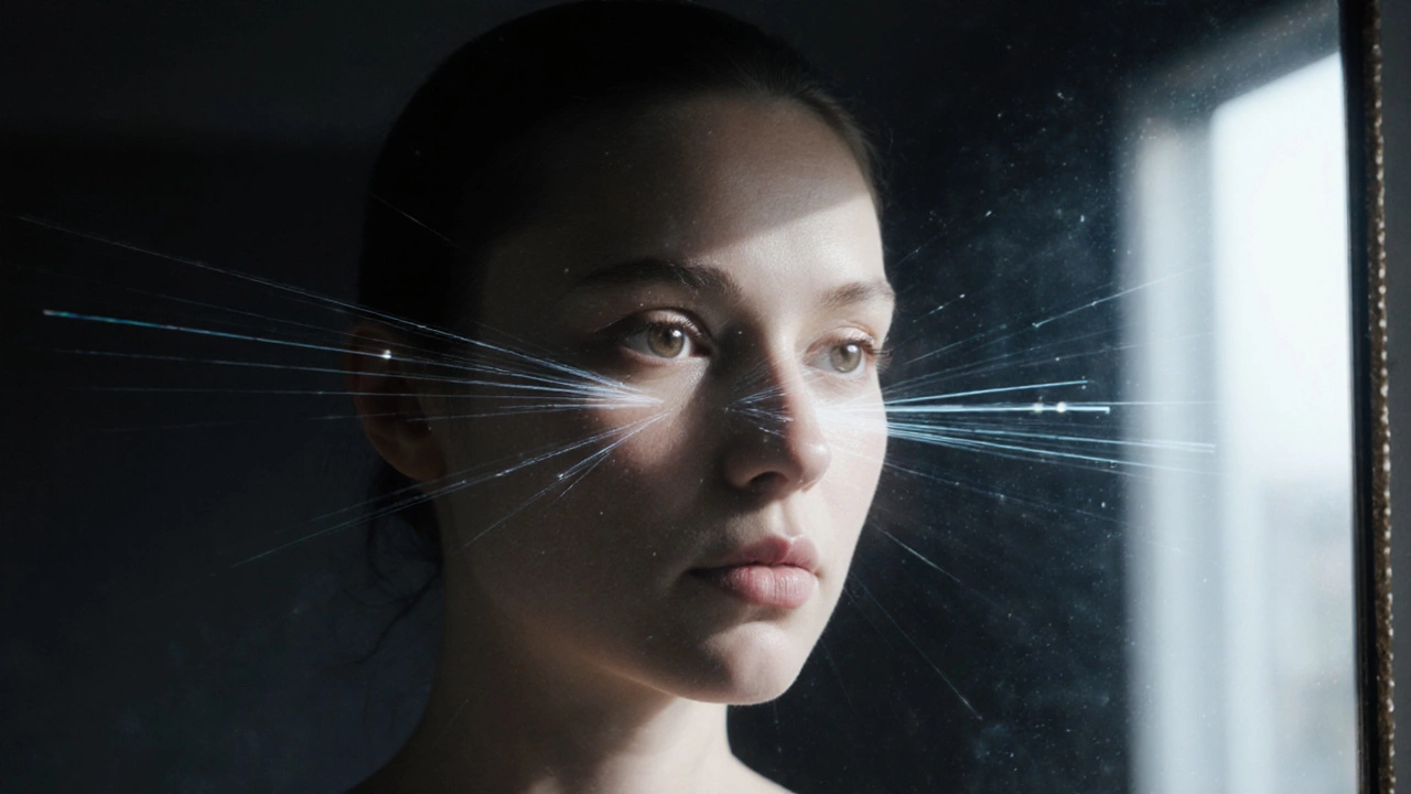 Human face in mirror with visible light paths from features to eyes, all in one plane.