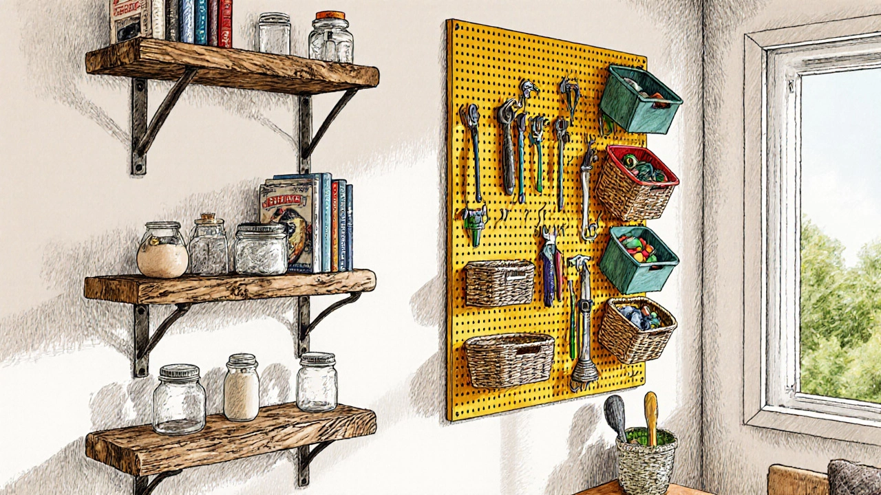 Illustration of reclaimed wood shelves and a colorful pegboard filled with organized items.