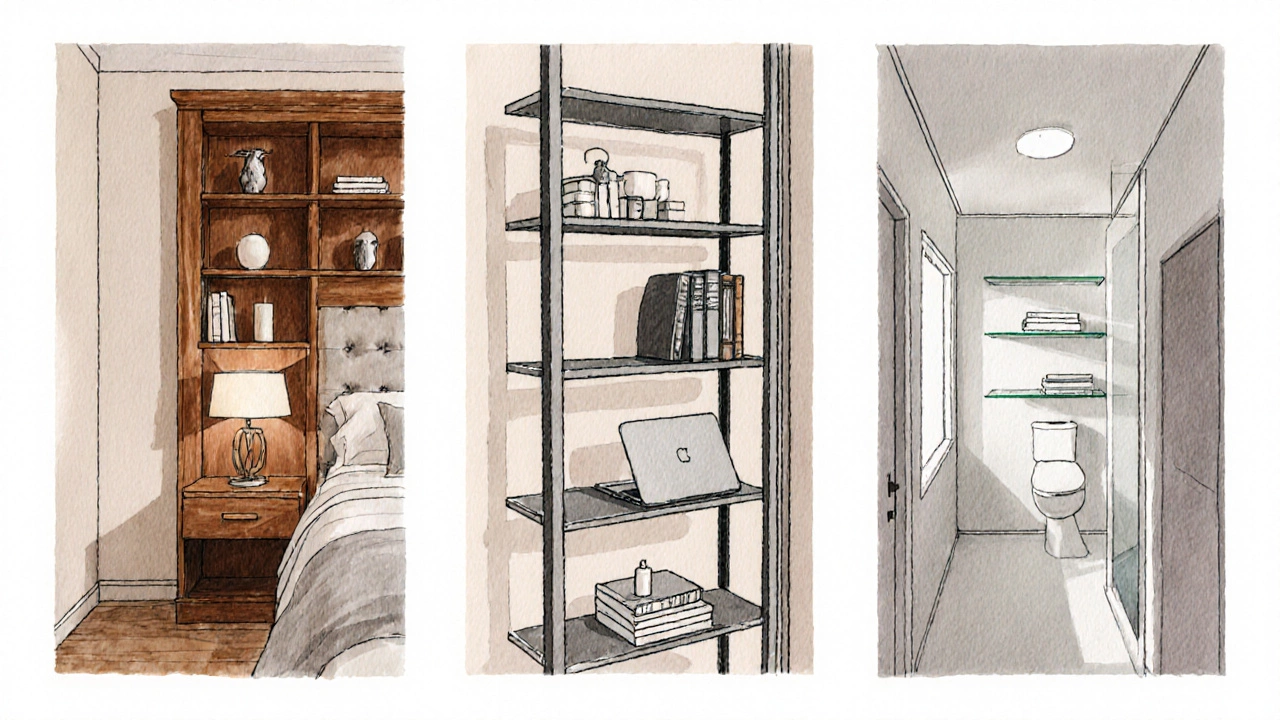 Illustration of three rooms: custom bedroom shelves, modular office shelves, and bathroom floating shelves.