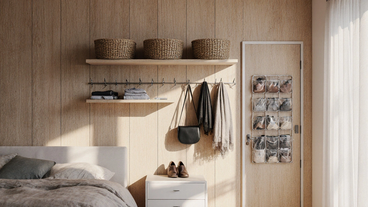 Illustration of vertical storage: floating shelves, hook rack, and over‑door organizer.