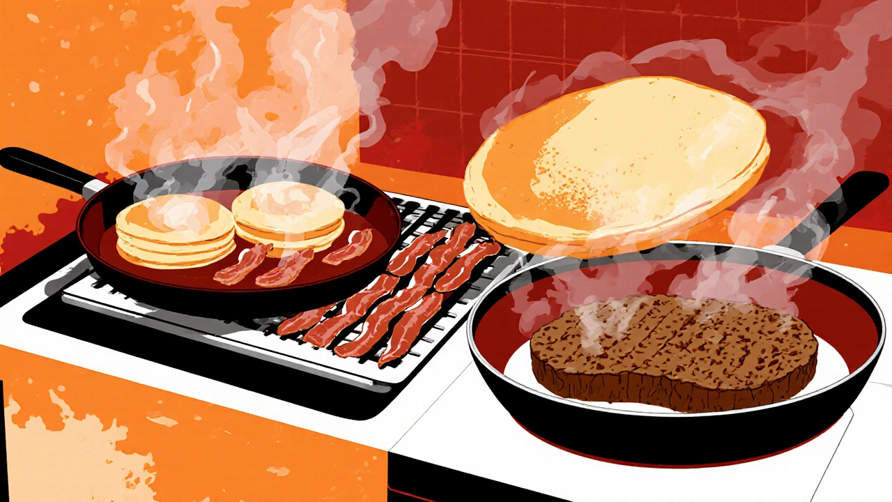 Kitchen action scene showing pancakes, a flipping crepe, dosa on a tavă, and steak searing.