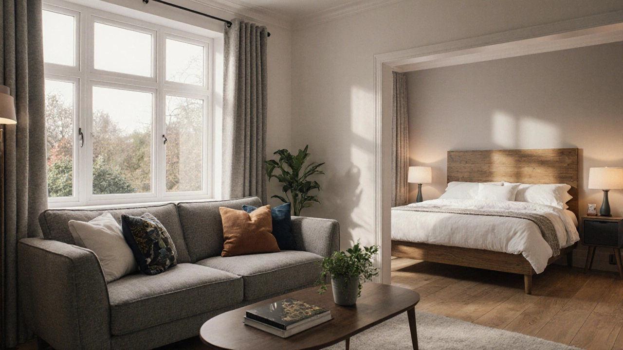Living room with a Costco sofa and Ashley bedroom set showing a mix of affordable and premium furniture.
