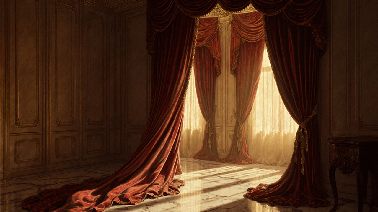 Luxurious velvet curtains pooling softly on marble floor in a bedroom with golden evening light.