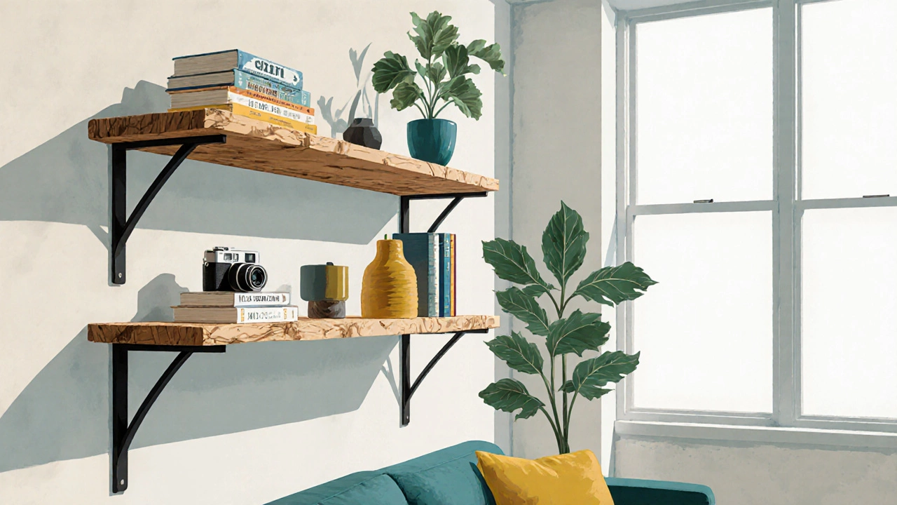 Mid‑century living room shelf of reclaimed pine on black brackets displaying books, camera, and plant.