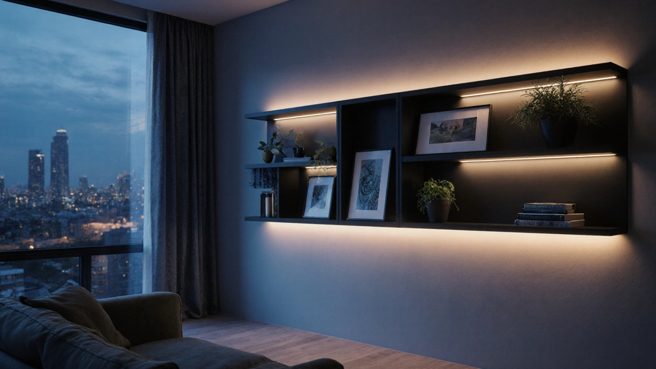 Modern room with matte black built‑in shelves illuminated by LED lighting, creating a spacious feel.