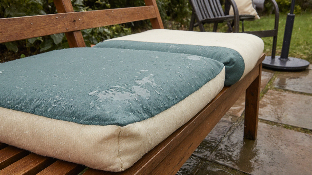 Outdoor cushions on garden bench with water droplets in a UK rainy patio setting.