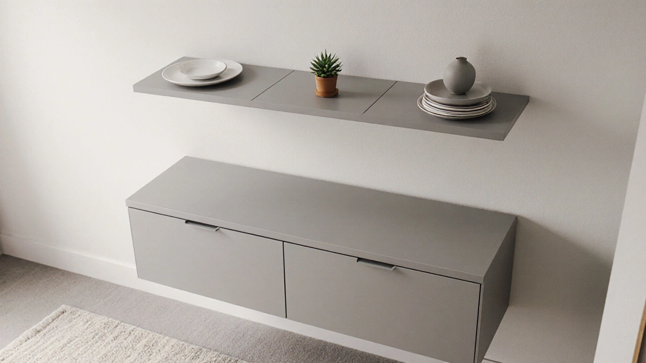 Overhead view of organized open shelf with three zones and a matching closed cabinet below.