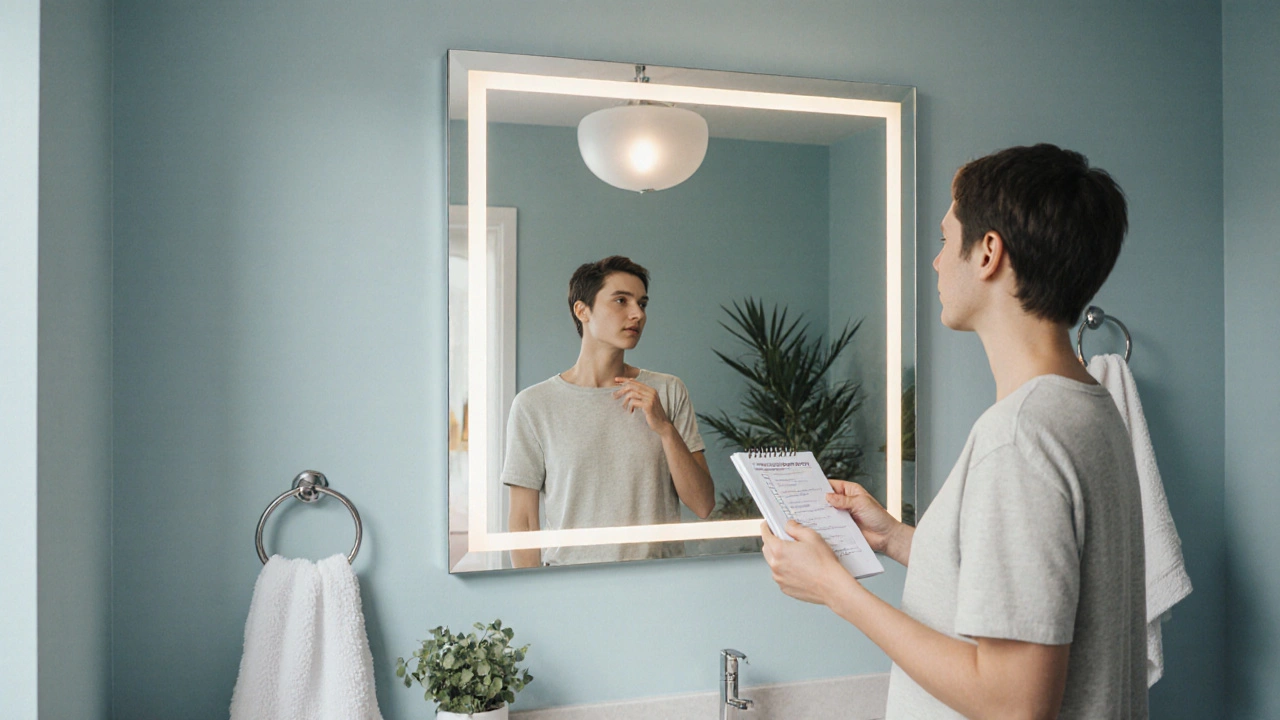 Person examining a wall‑mounted glass mirror in a bright bathroom, checking its weight and edges.
