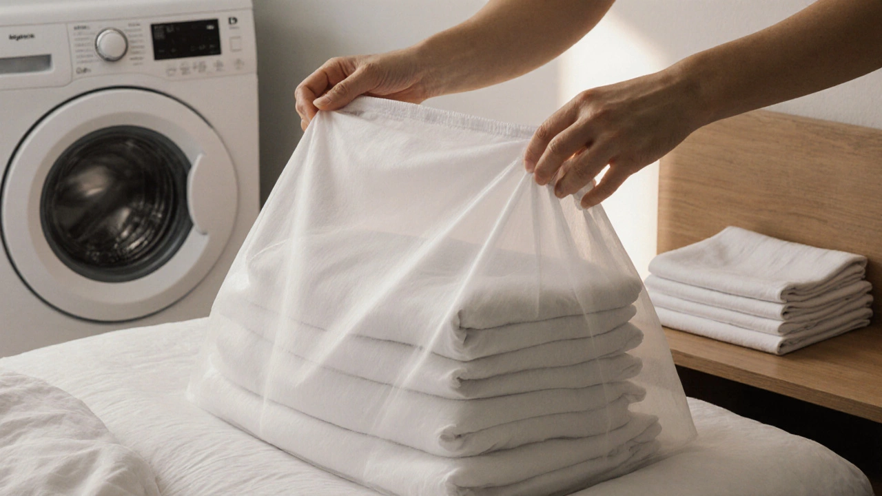 Person handling folded premium sheets from a cotton bag in a softly lit bedroom.