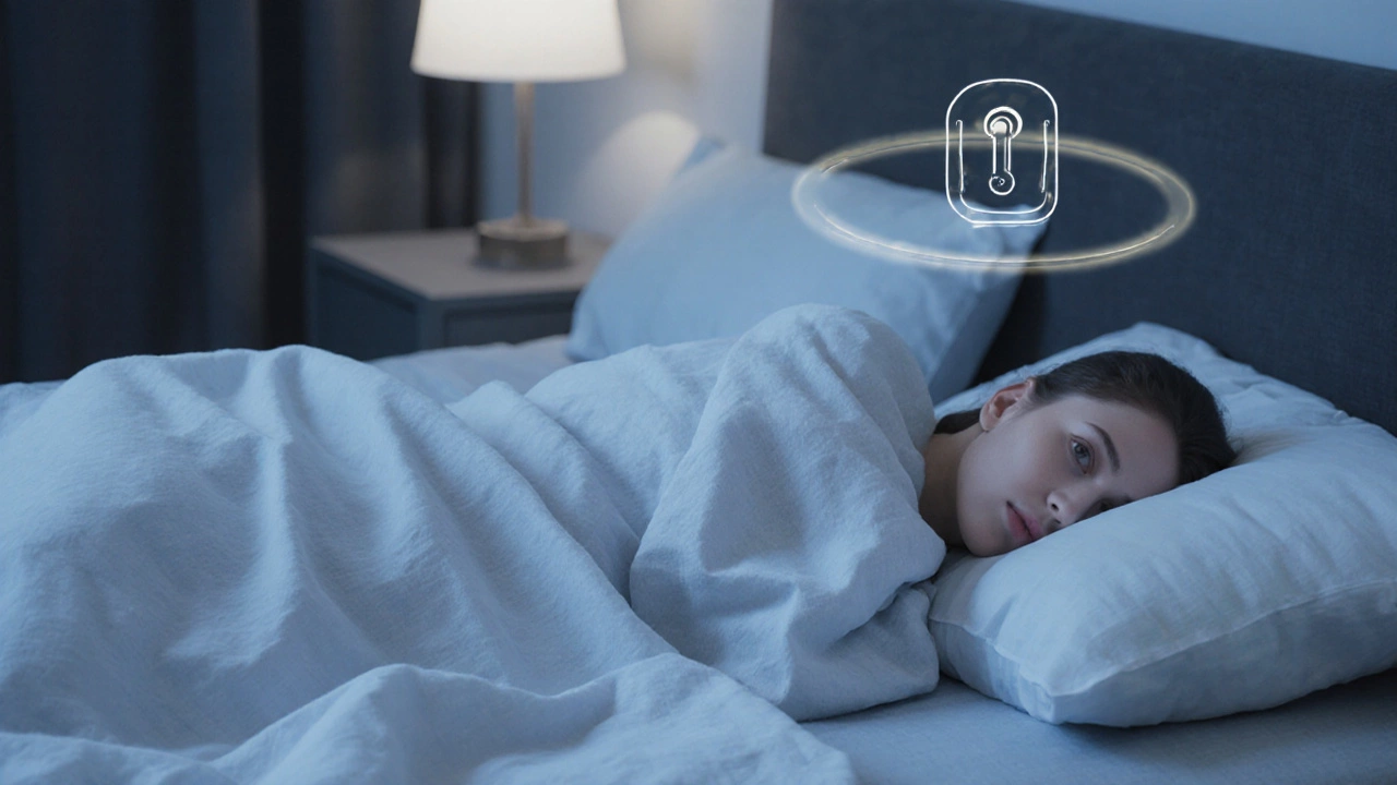 Person sleeping on linen sheets in a pastel bedroom with a soft glowing bedside lamp.