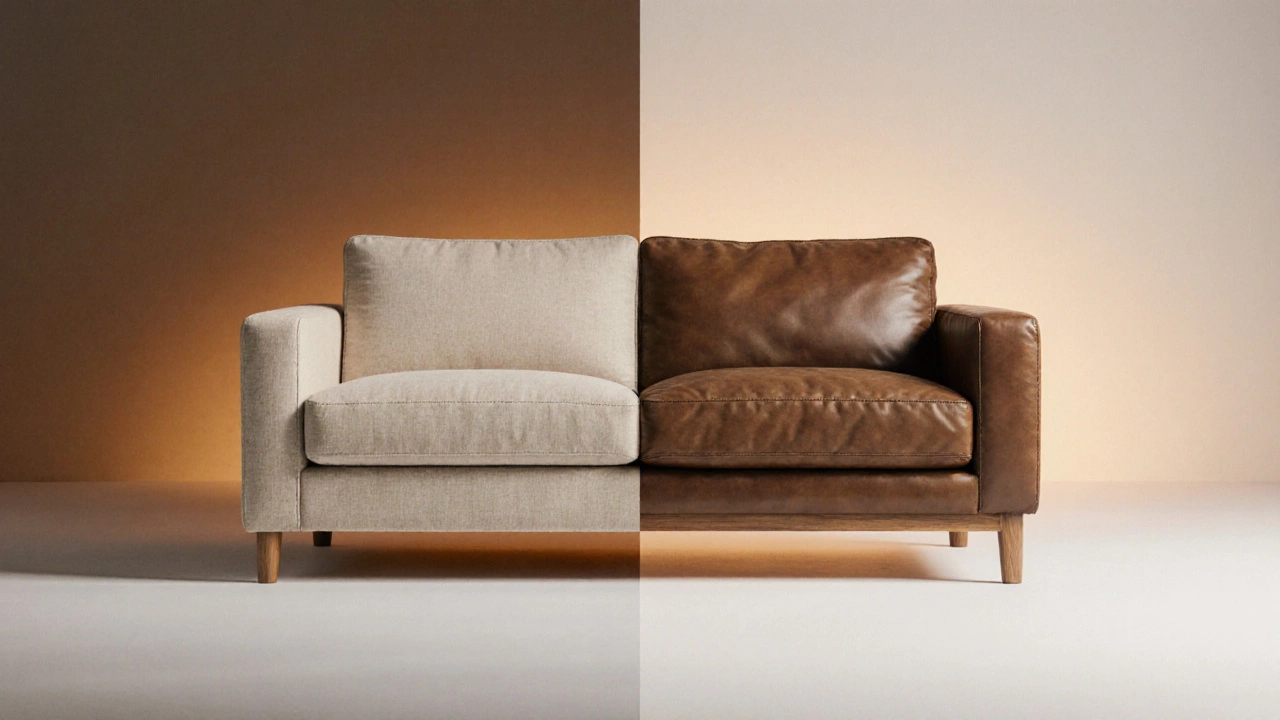 Side‑by‑side view of a basic beige sofa versus a plush leather sofa, highlighting material differences.