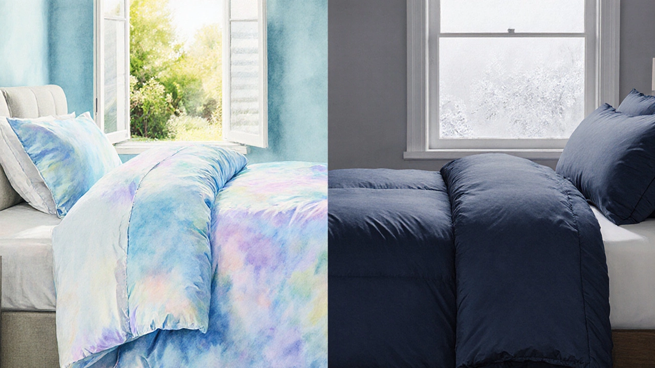 Split illustration showing summer and winter duvet setups on a bed.