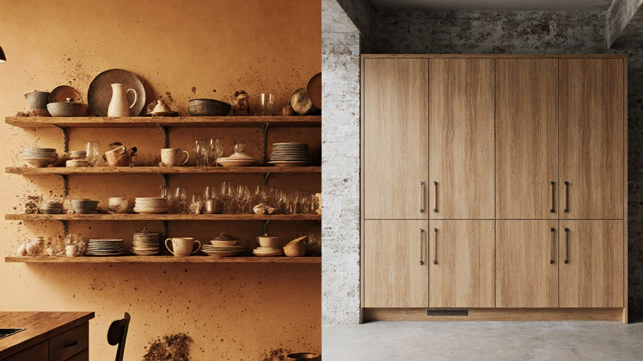 Split scene showing cluttered open shelves versus tidy closed cabinets.