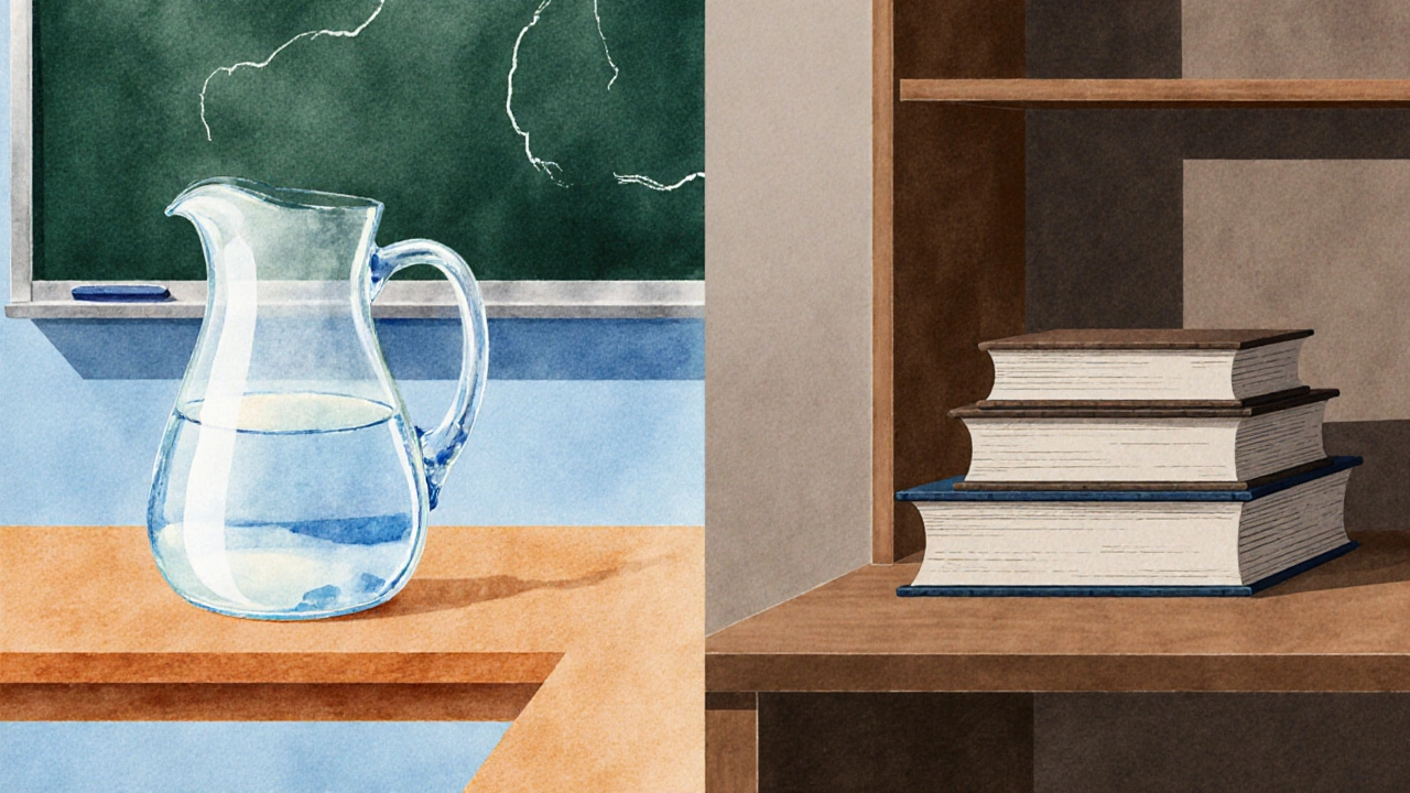 Split scene showing water pitcher (uncountable) and stacked books (countable) as grammar contrast.