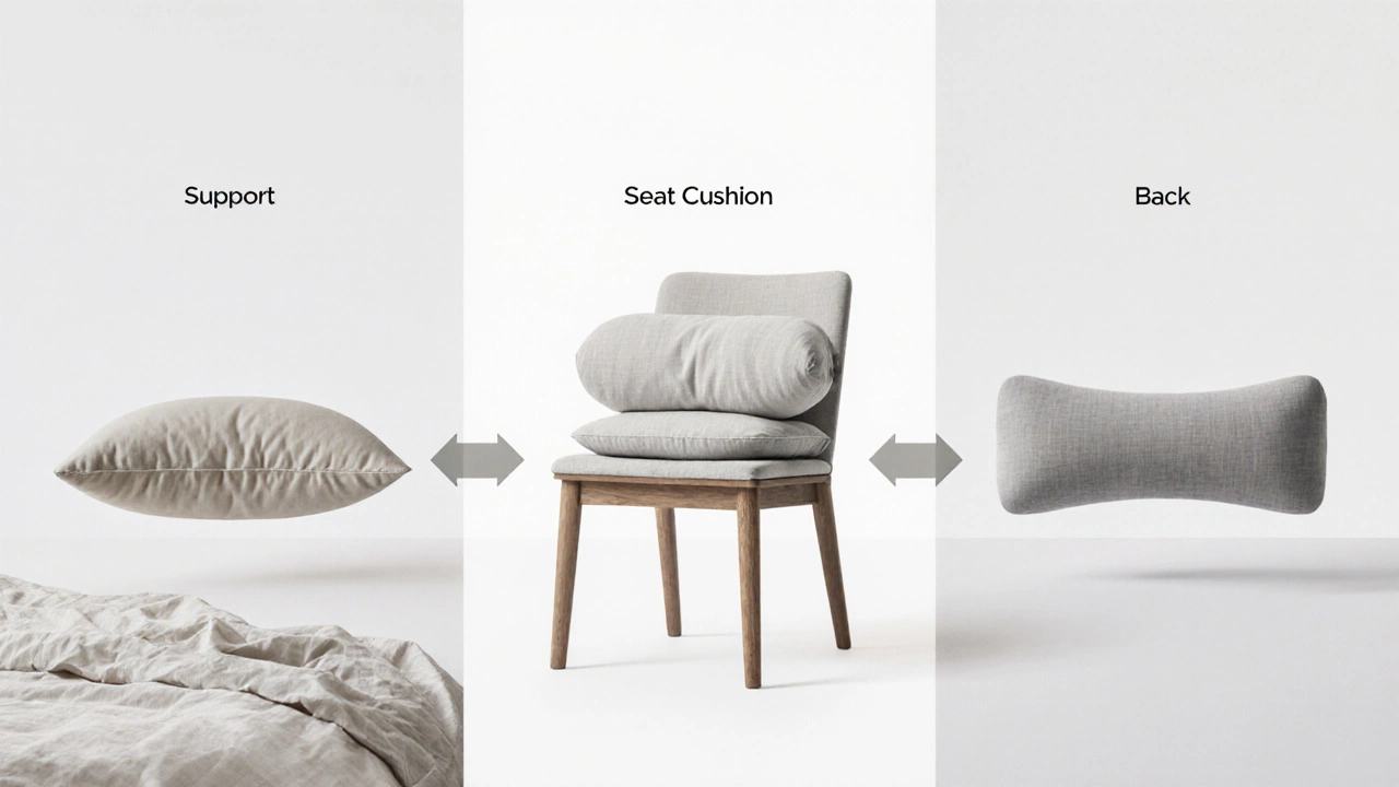 Three cushion types side by side showing throw, seat, and bolster functions.