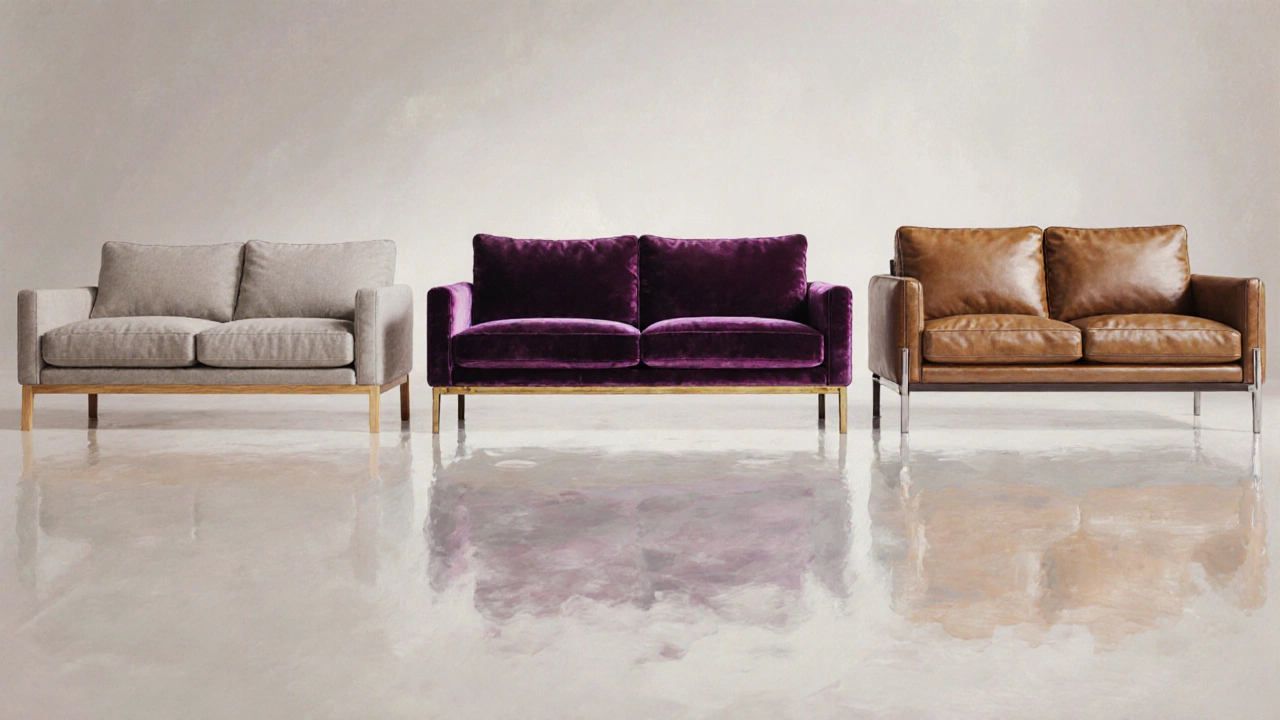 Three sofas displayed side by side showing budget, mid‑range, and luxury materials and finishes.