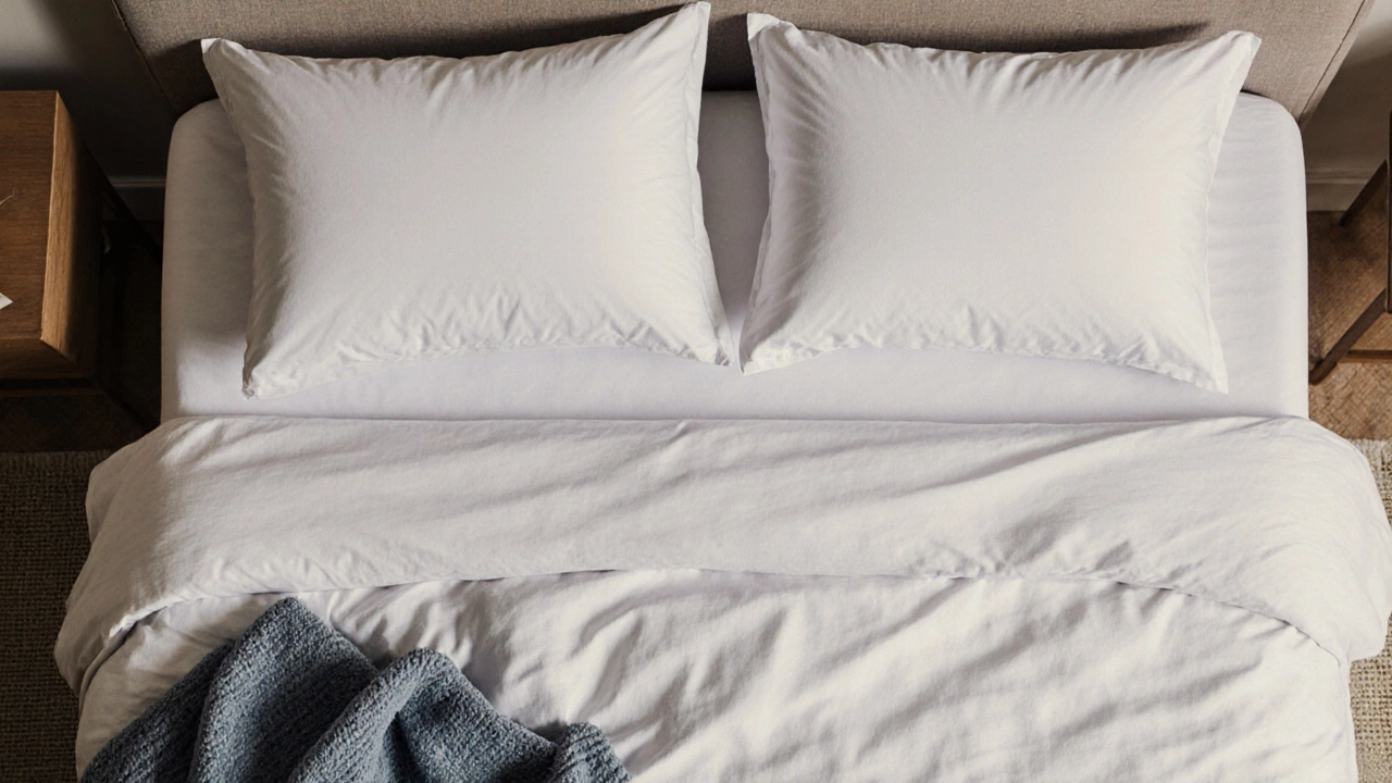 Top‑down view of a bed with fitted sheet, flat sheet, pillowcases, and blanket.