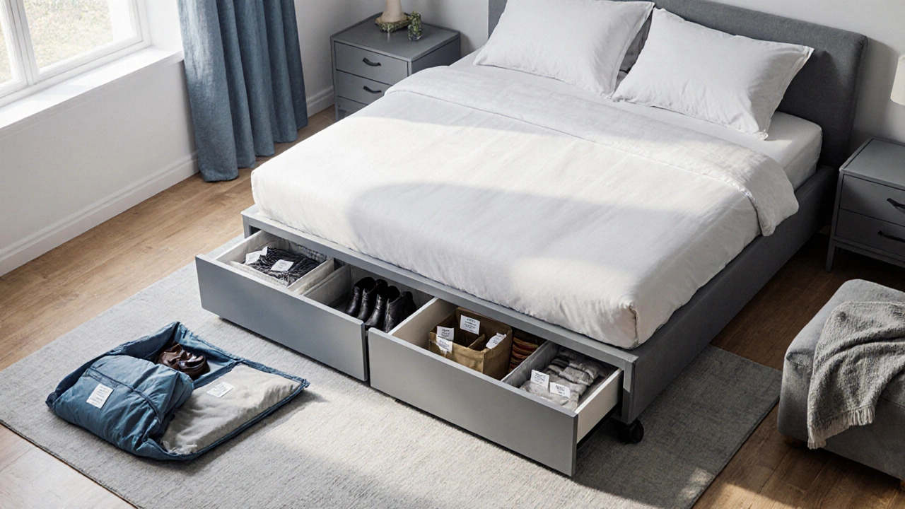 Under‑bed sliding drawers and vacuum‑sealed bags displayed in a tidy bedroom setting.