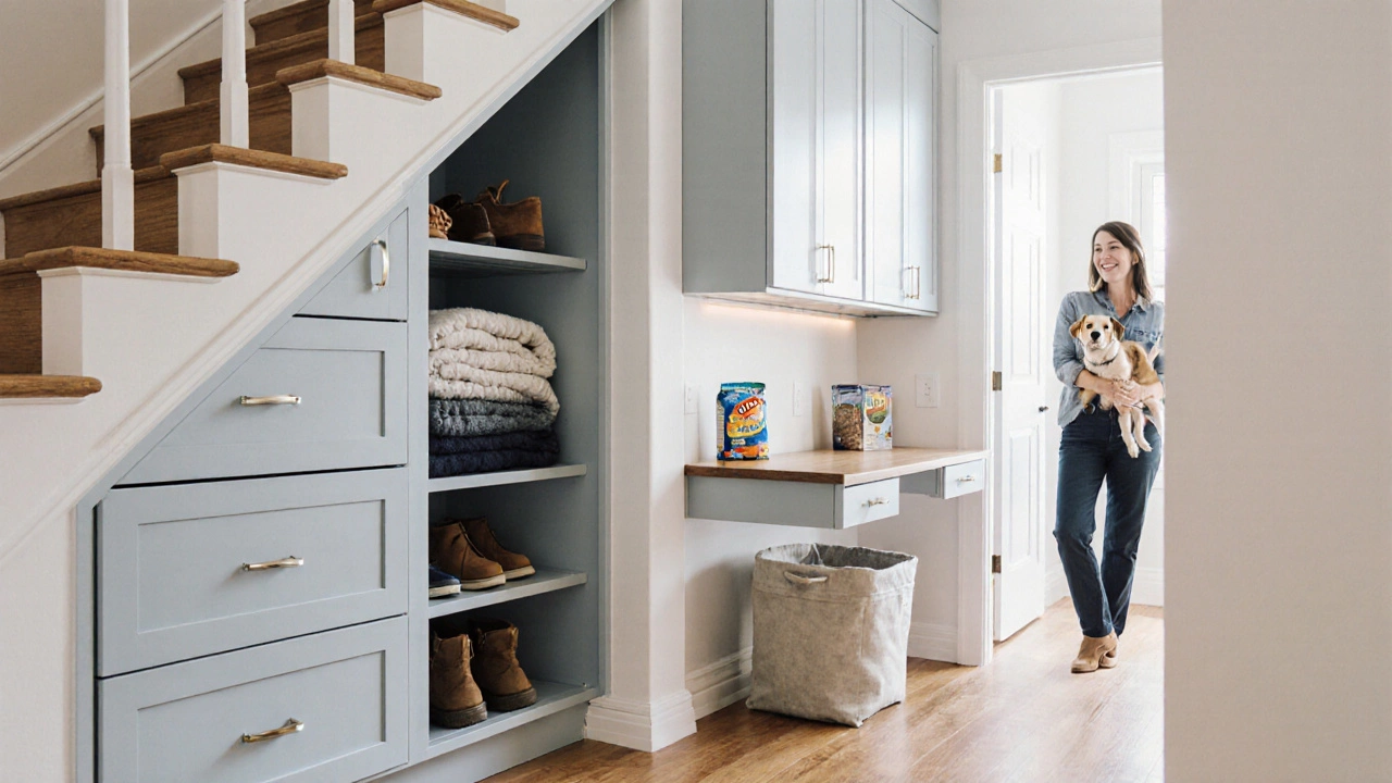 Under‑stair cabinet with drawers and a folded desk in a neatly organized hallway.
