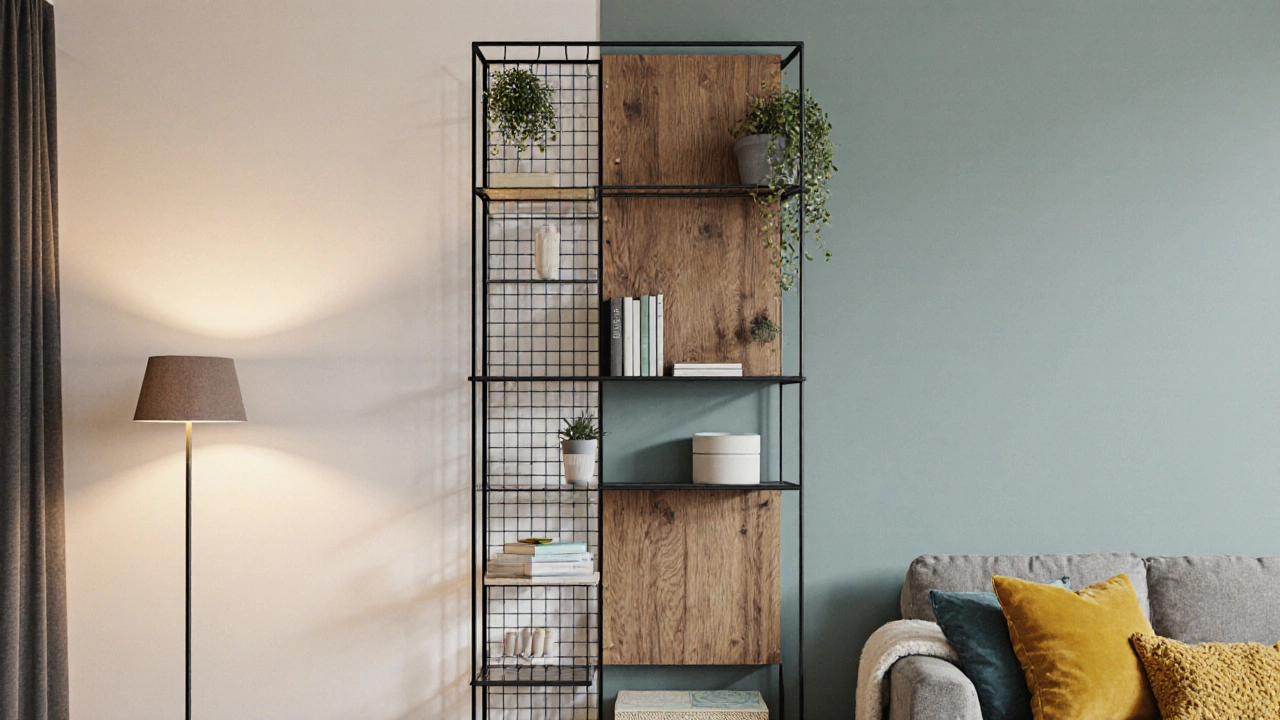 Vertical wall shelf combining metal grids and wooden panels filled with organized items.