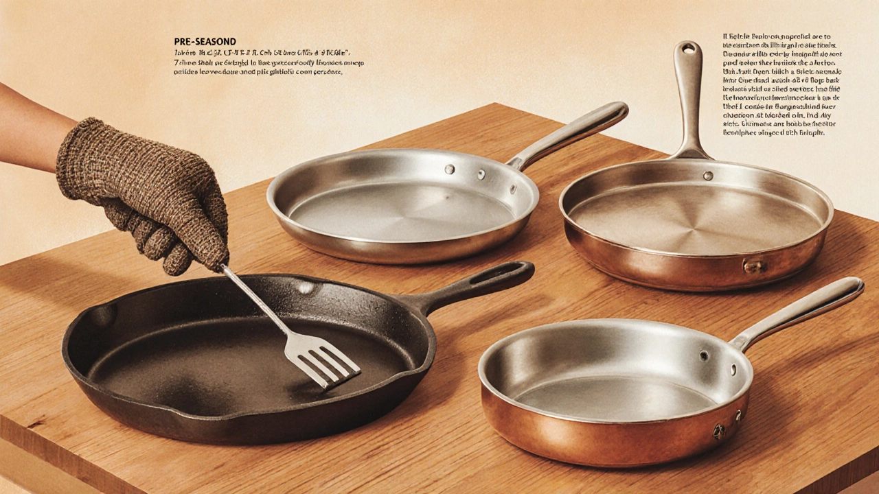Vintage illustration of assorted flat pans on a table with a hand holding a spatula.