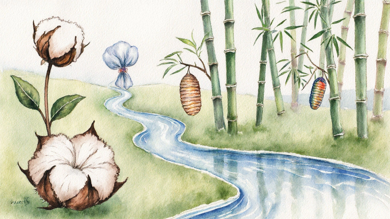 Watercolor garden showing cotton bolls, flax, bamboo, silk cocoon, wood pulp, and microfiber ribbon.