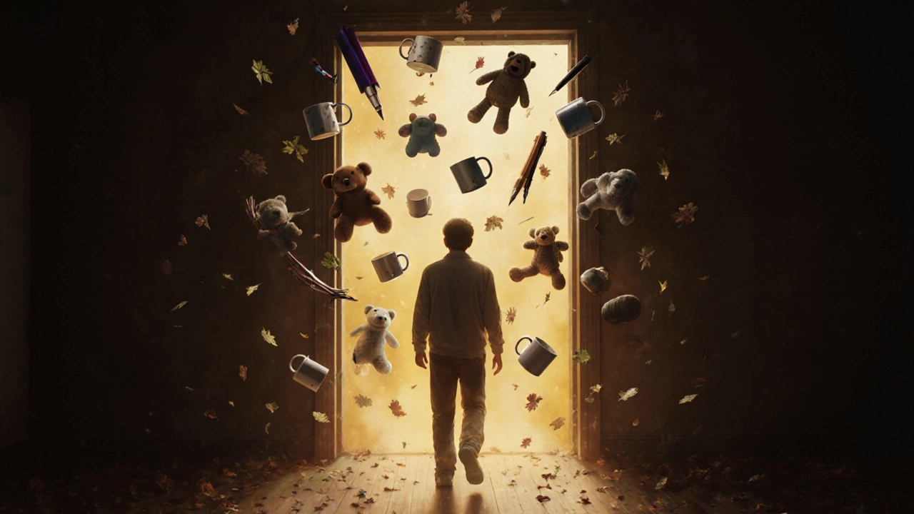 36 floating household items rising into golden light as a person walks away, symbolizing emotional release.