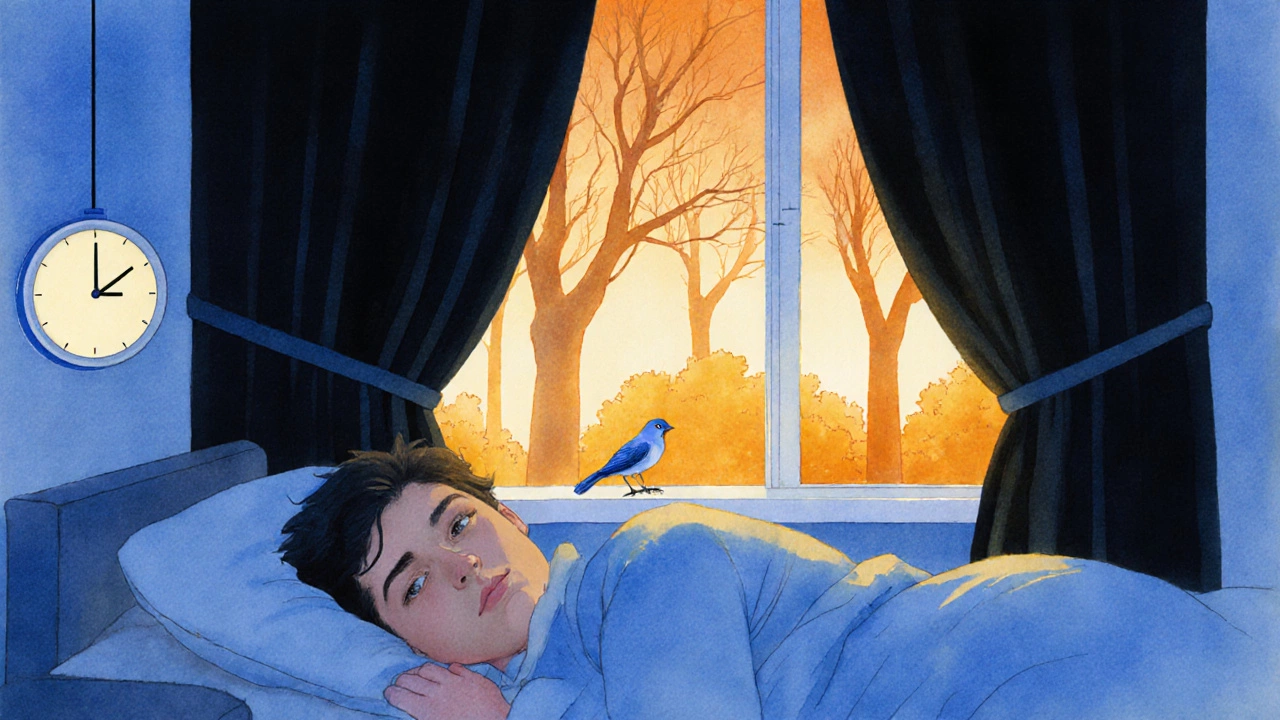 A groggy person sleeps under dark curtains while morning light shines outside the window.