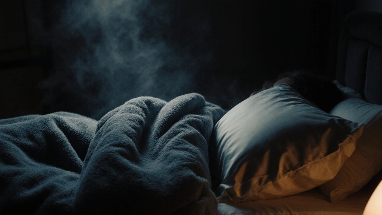 A person sleeping under warm flannel sheets and a silk pillowcase in a cozy winter bedroom.