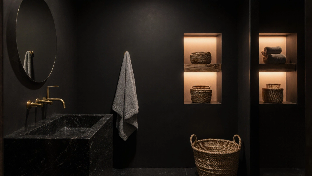 A serene black-walled bathroom with warm brass fixtures, wooden shelves, and soft ambient lighting for a cozy feel.