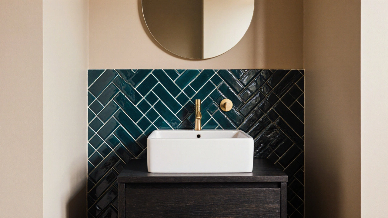 A small bathroom with a teal herringbone accent wall and warm oat-colored surroundings, featuring brushed gold hardware.