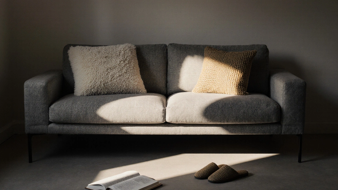 An empty gray sofa with just two cushions, one in wool and one in jute, lit by a single ray of sunlight.