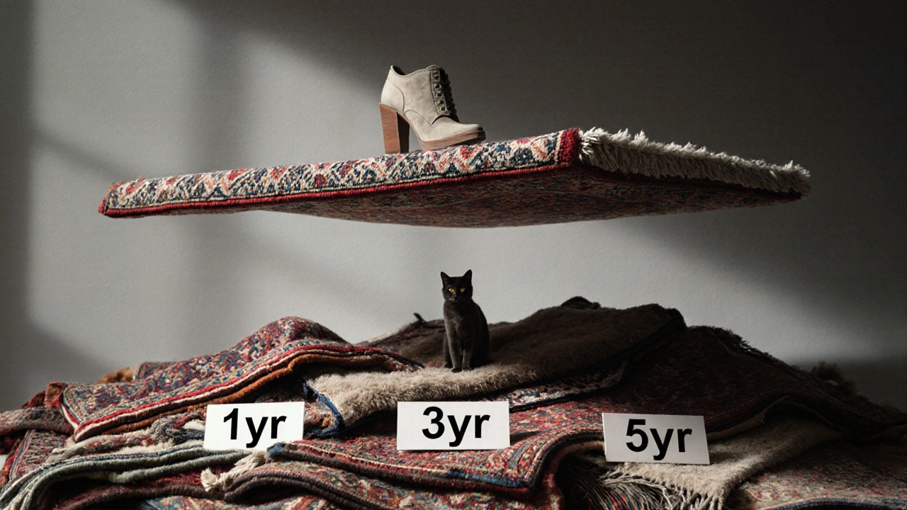 An expensive heirloom rug floating above discarded cheap rugs, with a shoe and cat resting on top.