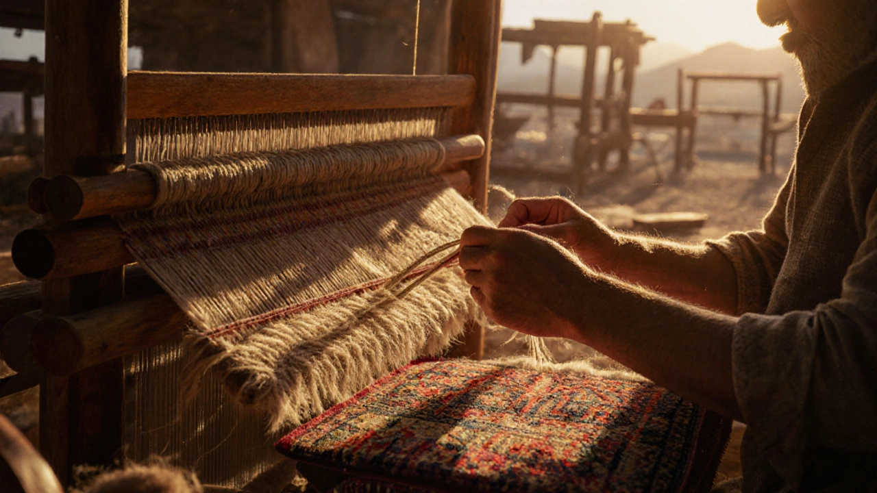 Artisan hands tying knots in a traditional Persian rug with golden light and weaving tools nearby.