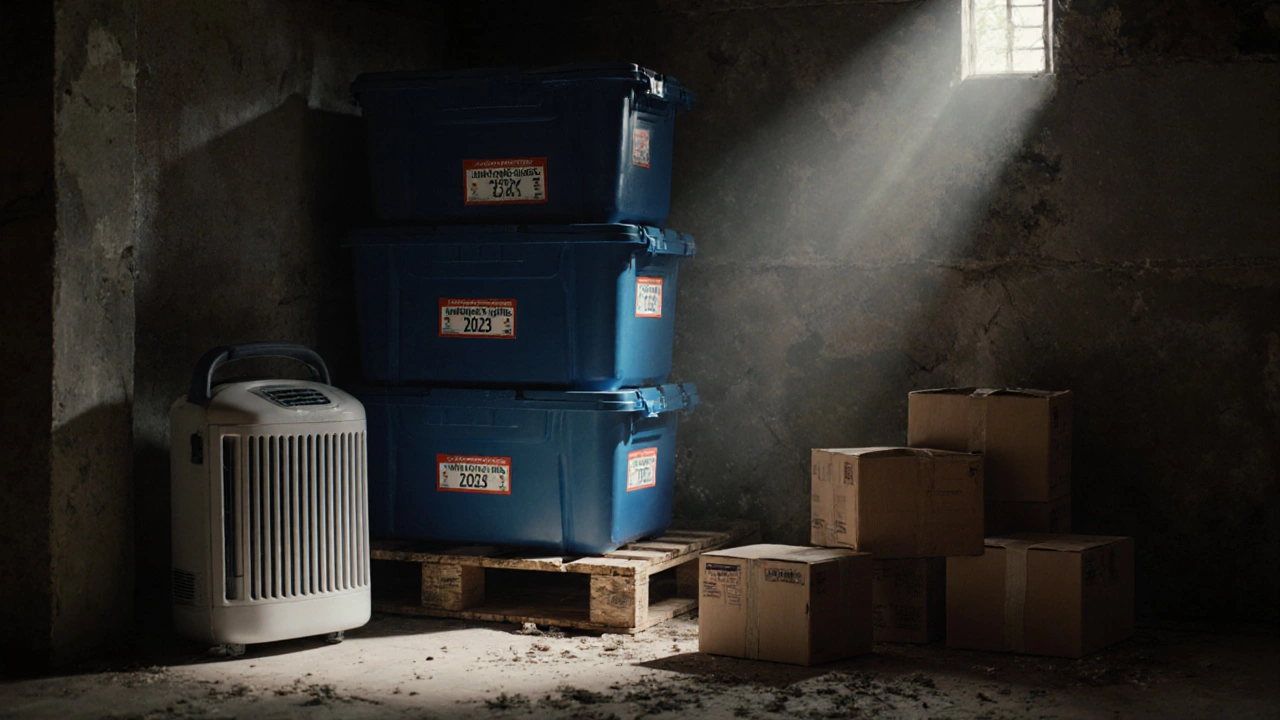 Basement storage with labeled plastic bins and a dehumidifier, contrasting with rotting cardboard boxes.